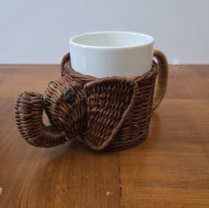 Elephant Brown Wicker Mug Holder With White Mug